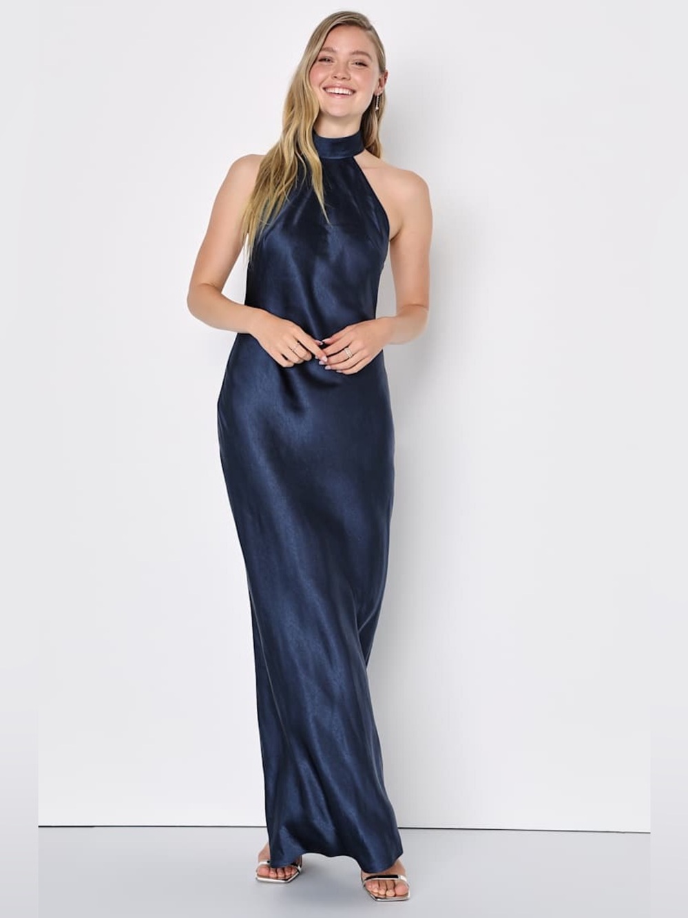 Lulus Love In Your Life Navy Blue Satin Halter Maxi Dress